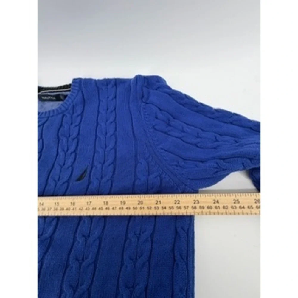 Nautica‎ Mens Royal Blue Cable Knit Cotton Crewneck Sweater Large Logo Pullover